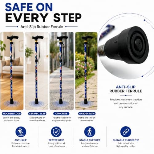 Folding Walking Stick Floral Print Lightweight Cane with T Handle Blue — view 4