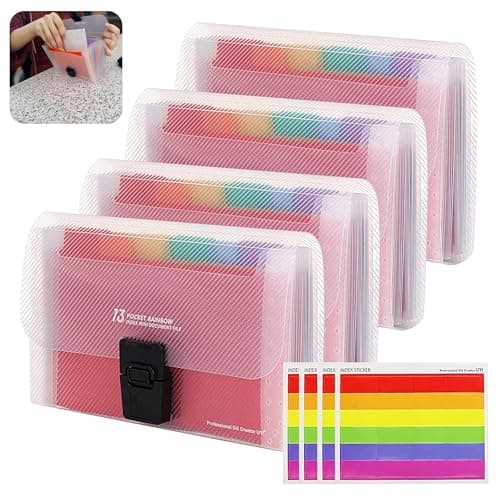 File Organiser, 4 Pack Expanding File Folder A6 Size, 13 Pockets Portable Rainbow Document Organiser, Rainbow Expanding Concertina Filing Folde, Organiser Box Files with Colored Labels Index