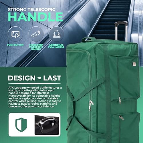 ATX Luggage 40" Jumbo Wheeled Duffle Bag Lightweight Rolling Wheels Suitcase Extra Durable Holdall for Sports Travel and Cargo | Green — view 4