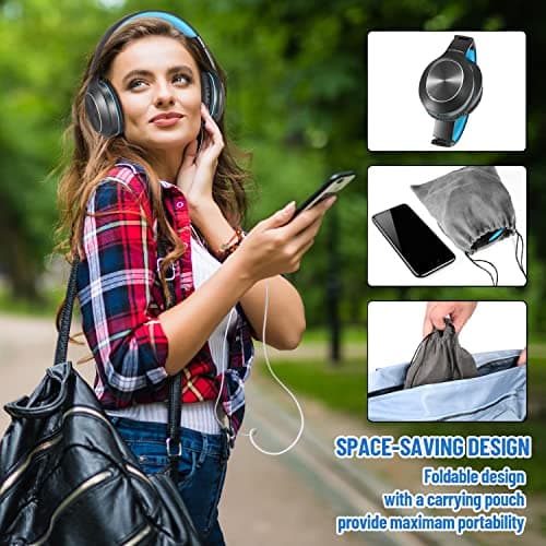 Rydohi Bluetooth Headphones Over Ear, 68H Playtime and 3 EQ Music Modes Wireless Headphones with Microphone/Deep Bass, HiFi Stereo Foldable Lightweight Headset for PC Home Travel Office (BLACK-BLUE) — view 5