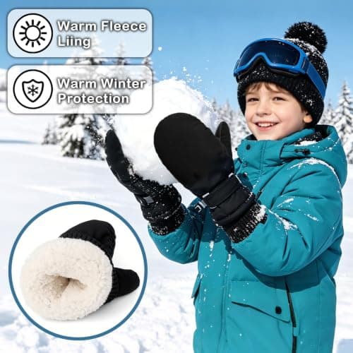 Kioeok Kids Waterproof Thermal Gloves Winter Snow Mittens with Fleece Lined Adjustable Wristband Warm Ski Gloves for Girls Boys (Black, L(4-12Y)) — view 4