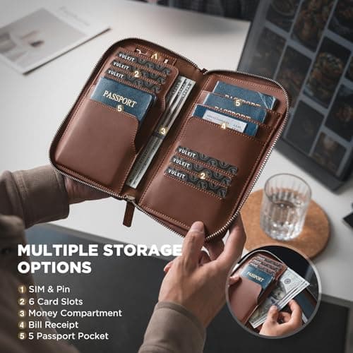 VULKIT Leather Passport Holder Family Travel Document Organizer with RFID Blocking Travel Wallet Slim Dual Slots SIM Card and Multiple Card Holders for Men and Women (Espresso) — view 4