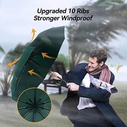 TechRise Umbrella Compact Windproof Travel Umbrellas: Easy Auto Open Close, Strong Fiberglass Frame, Durable Folding Lightweight Portable Automatic Backpack Umbrella for Men and Women, 10 Ribs — view 2