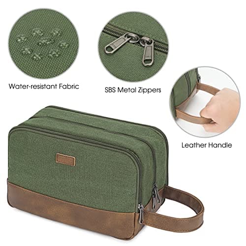 WANDF Toiletry Bag for Men, Travel Wash Bag with Handle, Water-Resistant Canvas Shaving Organiser, SBS Metal Zipper Dopp Kit for Makeup Bathroom Gym (Green) — view 6