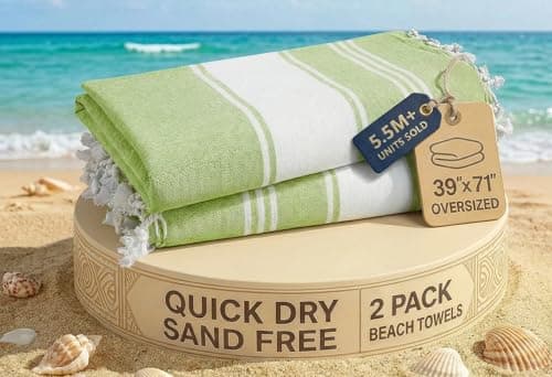 LANE LINEN Turkish Beach Towel 2 Pack, Oversized Towels 39"x71", Cotton Rich Lightweight Beach essentials For Women, Large Pool Towel, Absorbent & Quick Dry, Sand Free - Jade Lime