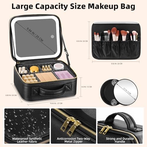 Travel Makeup Bag Cosmetic Bag Make up Organizer Bag with Large Lighted Mirror 3 Color Modes Adjustable Brightness, Waterproof PU Leather Makeup Travel Case Makeup Train Case Toiletry Gift Accessories — view 2