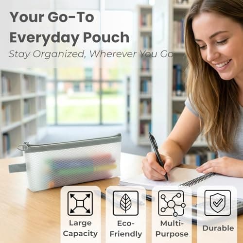 muuee EVA Mesh Pencil Case, Portable Waterproof Pencil Pouch, Eco-Friendly Clear Zipper Pen Bag for Adults & Students, Large Capacity Storage for Stationery, Toiletries, Makeup, Travel (White-Grey) — view 5