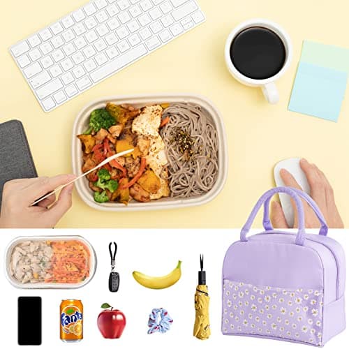 OTKARXUS Insulated Lunch Bag for Women,Portable Waterproof Lunch Box Cooler Bag with Daisy Pattern Transparent Pocket,Lunch Bag for Adults Girls Kids School Work Picnic Travel (A Purple) — view 4