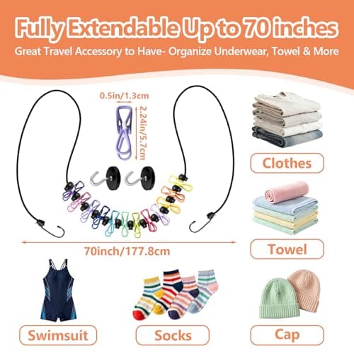 Magnetic Clothesline for Cruise Ship Retractable Portable Clothesline for Travel Travel Clothes line for Cruise Ship Essentials 2026 with 12 Clothes Clips and 2 Strong Rubber Coated Non-Scratch Magnet — view 2