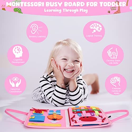 Busy Board for Toddlers, Montessori Sensory Toys Activity Board for Fine Motor Skills, Preschool Educational Learning Gifts for 1 2 3 4 5 Year Old Girls & Boys, Autism Toys, Car Airplane Travel Toy — view 3