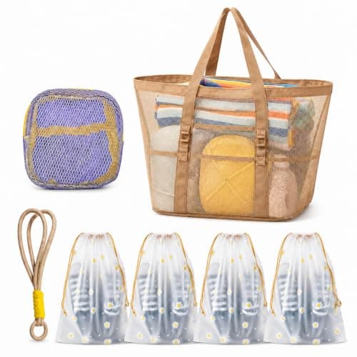 7PCS Beach Bag Set, Mesh Tote for Women with Summer Storage Pouches