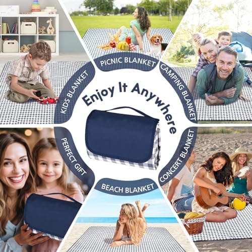 Anyiner Picnic Blanket Waterproof 300x200cm Large Travel Blanket Beach Blanket, Slip Resistant With Carrying Handle for Family Picnic Beach Camping, Blue Plaid (Blue, 300 x 200 cm) — view 6