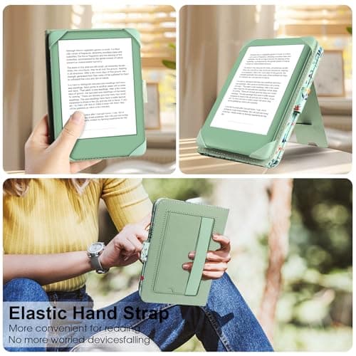 HoYiXi Universal Case For 6 inch eReader,Compatible with Kindle/Kobo Clara HD/Kobo Clara 2E/Paperwhite/PocketBook/Tolino eReader,with HandStrap/Kickstand, Cover Case for 6'' eReaders,Green flowers — view 6