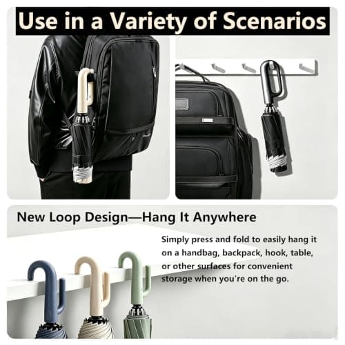 Sumlly Compact Inverted Umbrella with Carabiner Handle, 10 Ribs (Beige) — view 6