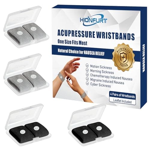 Hionfurt Travel Sickness Bands for Adults and Kids Anti Motion Sickness Wristbands for Car and Sea Sickness Anti Nausea and Pregnancy Morning Sickness Relief Bands - 4 Pairs Grey, Grey, Black, Black