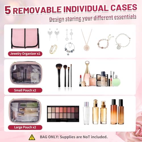Travel Toiletry Bag for Women, Pink, with 5 Detachable Compartments, Jewelry Organiser Roll, Makeup Cosmetic Organiser — view 2