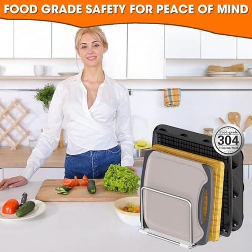 Stainless Steel Chopping Board Holder, Metal Chopping Board Rack Stand with 4 Slots, Multi-Function Cutting Boards Organizer for Kitchen Countertop Cupboard — view 3