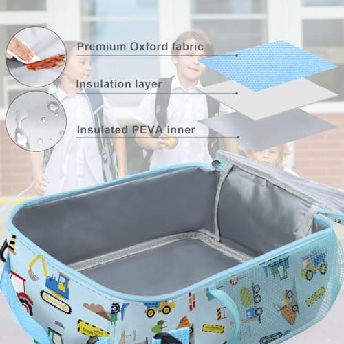 Clastyle Car Insulated Lunch Bag Truck Large Thermal Cooler Bag for Boy Picnic Lunch Box Tote, Blue Construction — view 5