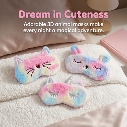 Kids Sleep Mask 3 Pack, Cute 3D Animal Eye Masks for Sleeping, Soft Plush Rabbit Cat Blindfold, Breathable Travel Eye Cover for Girls Boys Women, Adjustable Night Eyeshade — view 5