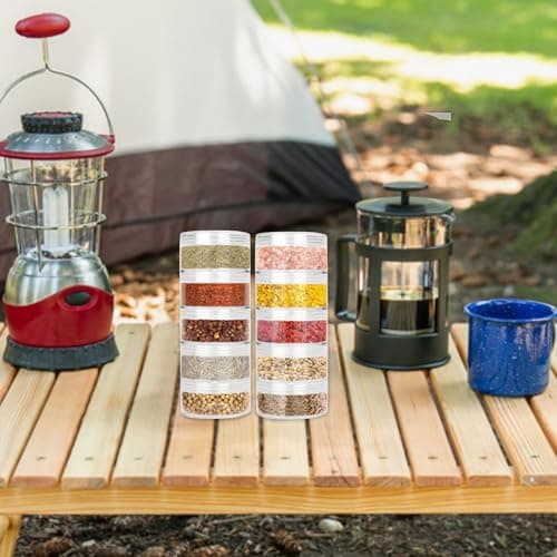 FWUNYVN 2 Sets 5 Layers Clear Plastic Portable Spice Jars, Spice Salt and Pepper Set for Outdoor Cooking, Car Camping, Traveling, Barbecuing,Stackable Storage Spice Jars with Organizer Bag — view 5