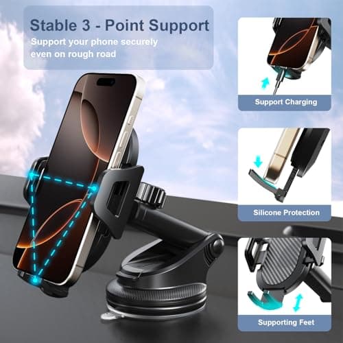 Arteck Car Mount, Universal Mobile Phone Car Mount Holder 360° Rotation for Auto Windshield and Dash, for Cell Phones Apple iPhone 16, Plus, Pro, Pro Max, 15, 14, 13, 12, 11, SE, Android Smartphone — view 3