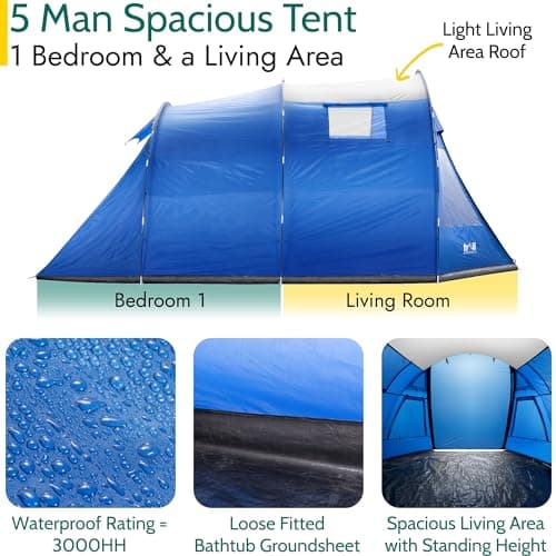 Braddon 5 Man Tent for Camping Festivals, Family Tunnel Tent, 3000mm Waterproof, Darkened Bedroom, Living Area with Standing Height, Bathtub Groundsheet, Carry Bag (L465cm x W320cm x H180/205cm) — view 4