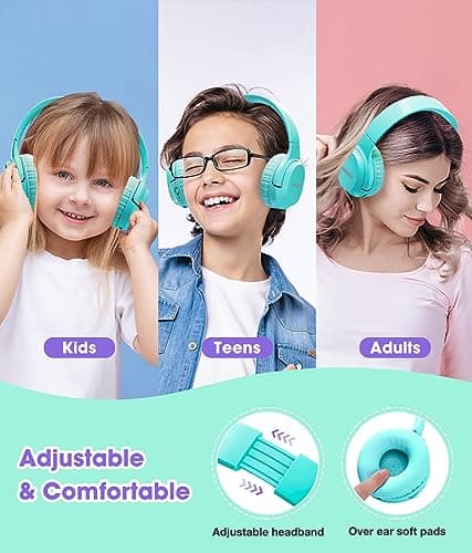 KONNAO Kids Headphones Wireless 60H, Foldable On Ear Headphone with MIC, Volume Limiter 85dB/94dB Wireless & Wired Headphones, Over-Ear Headphone for Kid Adult School Online Class Travel, Green — view 6