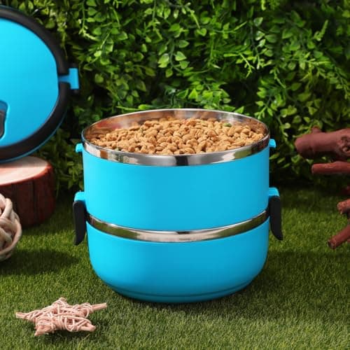 DOITOOL Pet Travel Bowl Double Layer Dog Water Bowl with Handle Leak Proof Food Grade Portable Feeding Container for Outdoor Travel Stackable 2 in 1 Pet Food and Water Storage — view 3