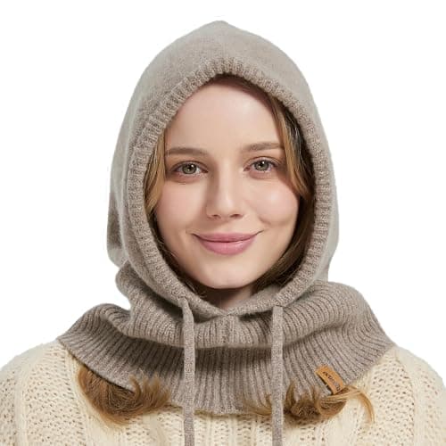 ACUSHLA Merino Wool Balaclava, Hooded Scarf Hat, Warm Winter Knit, Coffee