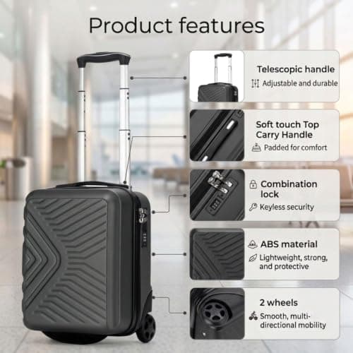 DK Luggage 40cm Lightweight Hard Shell Cabin Suitcase 2-Wheel Compact Carry-On Small Travel Case Ideal Weekend Bags/Business Trips/Short Breaks (Black, Weekend Bag) — view 3