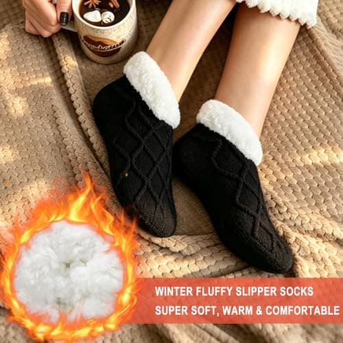 RJVZVEJH Fluffy Slipper Socks Women, Knitted Thick Cosy Non Slip Gripper Socks with Soft Warm Lined for Winter Home Floor Bed — view 4