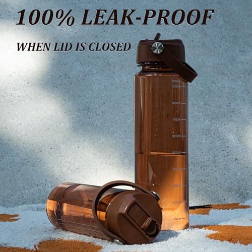 GOPPUS 600ml/20oz Clear Water Bottle with Straw, Tritan Leakproof Sports Drinking Bottle, BPA Free Wide Mouth Gym Bottle with Handle and Measurement Marks for School, Gym, Travel (Brown) — view 5