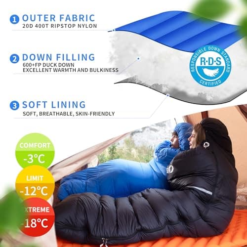 QEZER Down Sleeping Bag,Lightweight Rectangular Winter Sleeping Bag [1180g/1860g] for Adults and Kids 4 Season Camping, Hiking,Warehouse and Moutaineering Outdoor (Black, 1200g down) — view 3
