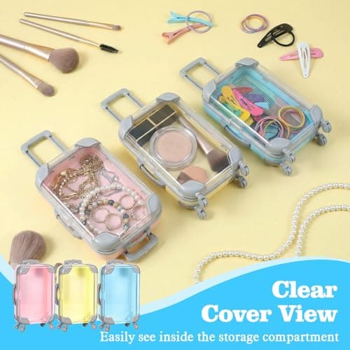 Abeillo 3 Pcs Mini Suitcase Gift Box, Mini Storage Box with Handle & Wheels, Tiny Suitcase Toy for Jewelry, Candy, Party Favors (Blue, Pink, Yellow) — view 3