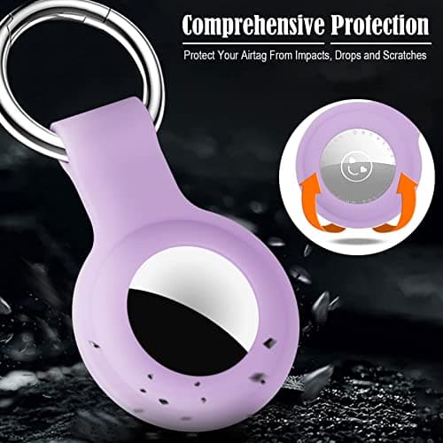 4 Pack KOKOKA Protective Case Compatible with Airtag, Airtag Case Cover Tracker Holder Keyring Silicone Case with Keychain for Keys Bags Luggage Dog Cat Pet Collar, Black and Lavender — view 2