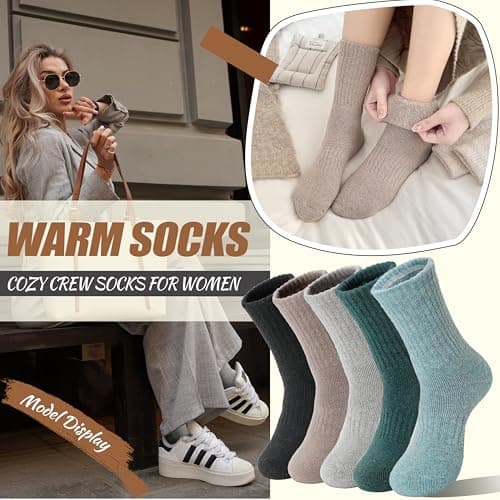 EBMORE Womens Merino Wool Socks Thermal Warm Winter Thick Cosy Boot Crew Cabin Ladies Work Soft Walking Hiking Socks 5 Pairs Gift Stocking Fillers(Khaki/Dark Green/Grey/Black) — view 2
