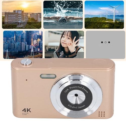 4K Digital Camera, 48MP Portable CCD Camera with LED Flashlight AF Auto Focus for Photography, 16X Zoom, High Definition Color Display, Intelligent Anti Shake, Small and (Gold) — view 3