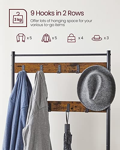 VASAGLE Coat Rack, Hallway Cabinet, Cloakroom, Clothes Rack, with Bench and Shoe Shelves, Hooks, Metal Frame, Height 175 cm, Industrial Style, Rustic Brown and Black HSR41BX — view 4