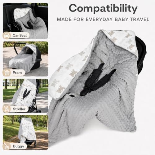 Bebamour Baby Car Seat Blanket Footmuff, Universal Pram Stroller Blanket for Newborns, 3 or 5 Point Harness System, Hooded Travel Wrap, Bear — view 4