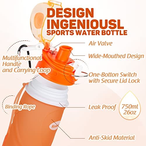 Kemier Collapsible Foldable Water Bottle for Travel, Gym, Hiking - Silicone Leakproof Sports Outdoor Bottle with Carabiner, 750ML/26OZ (Orange) — view 3