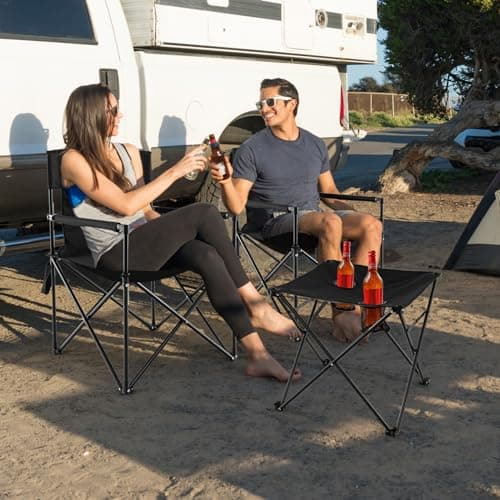 COSTWAY 3 Piece Foldable Camping Chairs and Table Set, Portable Picnic Table with 2 Chairs, Cup Holders, Side Pockets & Carrying Bag, Outdoor Lightweight Table Chair Set for Hiking RV Travel — view 2