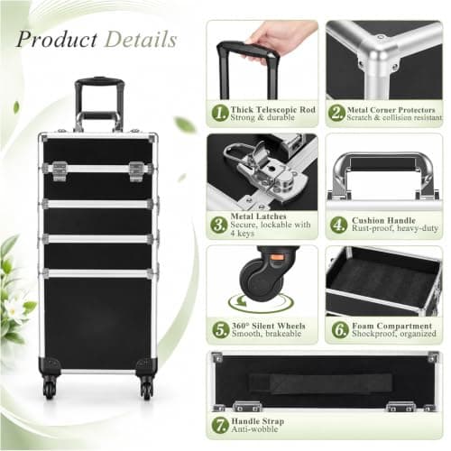 4-in-1 Rolling Makeup Train Case on Wheels, Large Cosmetic Organizer Trolley with 360° Silent Brake Wheels & Reinforced Metal Latches, Cosmetology Travel Case for Salon Nail Artist Hairstylist — view 6