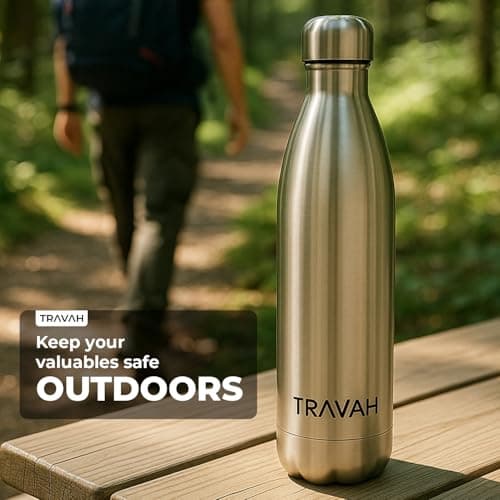 Travah Travel Water Bottle Stainless Steel with Storage for Cash, Keys, Valuables Insulated Bottle for Men and Women Hot and Cold Water Bottle Leak-Proof (Silver) — view 5
