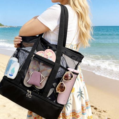 Daily Treasures Mesh Beach Bag with Cooler, 35L Large Travel Tote for Women, Sandproof Beach Tote Bag with Durable 9 Pockets, Extra Large Totes for Pool Cruise Travel Swimming, Vacation Essentials — view 2