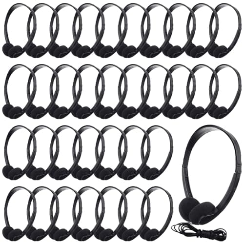 Konohan 30 Pack Headphones Bulk Wired Headphones Black Headphones Adjustable Over Ear Earbuds with 3.5 mm Plug for Teen Adults Students Schools Library Computer Labs Office Airplane
