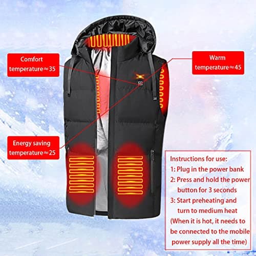 HAOLEI Heated Body Warmer Mens, Hooded Vest UK Clearance, Sleeveless Jacket with Hood, Winter Coat USB Charging Electric Gilet 7 Heating Zones for Sports(No Power Bank), Black, L — view 4