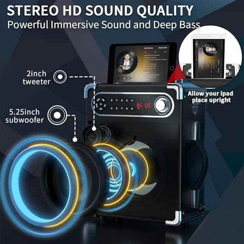 Karaoke Machine with 2 Wireless Microphones, Portable Bluetooth Speaker for Adults & Kids, PA System with LED Lights, TWS, Supports TF Card/USB, AUX in, FM, USB for Home Party Outdoor Gathering — view 3