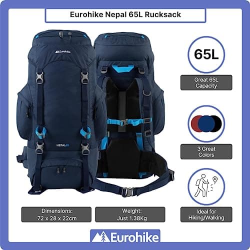 Eurohike Nepal 65 Litre Rucksack with Ventilated Back Panel & Padded Harness, 65L Backpack, Bag for Men & Women, Adjustable, Lightweight, Camping, Hiking, Trekking, Travelling, Outdoors, Blue — view 2