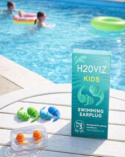 H20VIZ Swim Ear Plugs | Waterproof, Reusable Silicone Earplugs for Swimming, Surfing, Snorkeling & All Water Sports (Kids 3 Pairs, Grey, Blue, Turquoise) — view 6