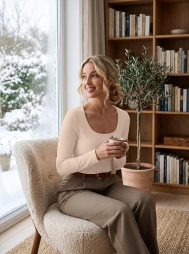 IWOLLENCE Thermal Tops Womens Scoop Neck Underlayer (Beige, M) — view 3
